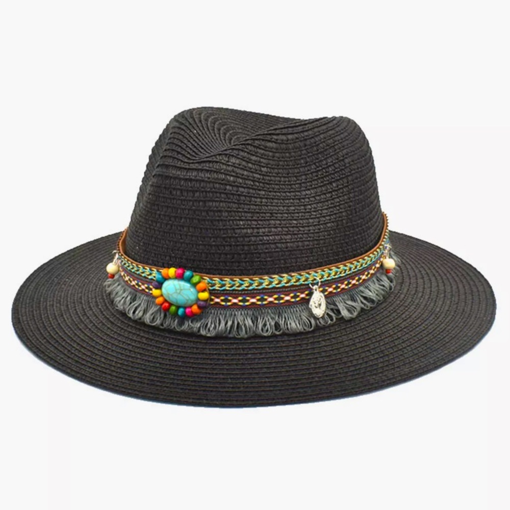 New Western Straw Beaded Floral Embroidered Festival Cowboy Hat Tassels Leather